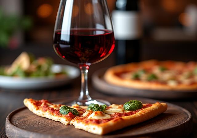 Calice di vino rosso accanto a una pizza.