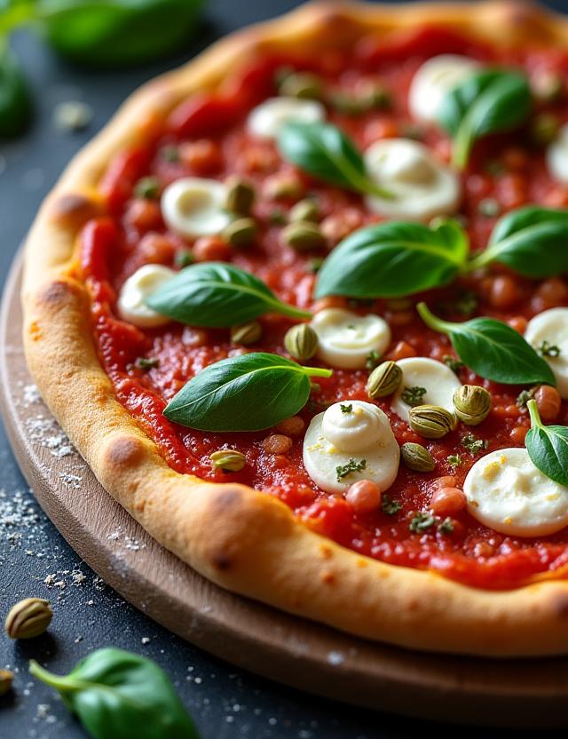 Dettaglio di una pizza gourmet con ingredienti freschi.