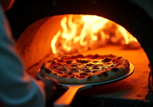 Pizzaiolo che inforna una pizza nel forno a legna.