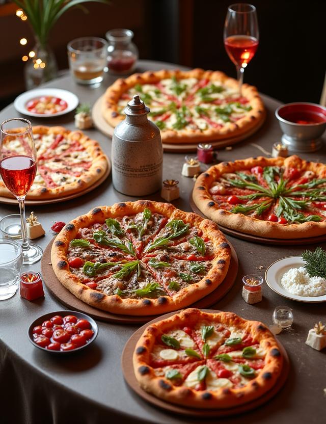 Tavola imbandita con diverse pizze e bevande.