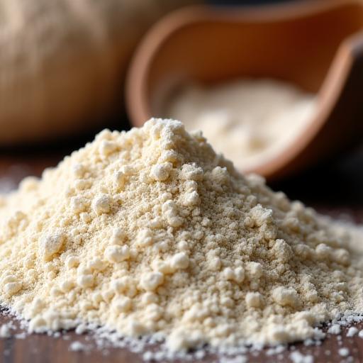 Primo piano di farina tipo 0 macinata a pietra.