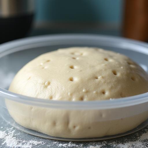 Impasto per pizza che lievita lentamente in un contenitore.